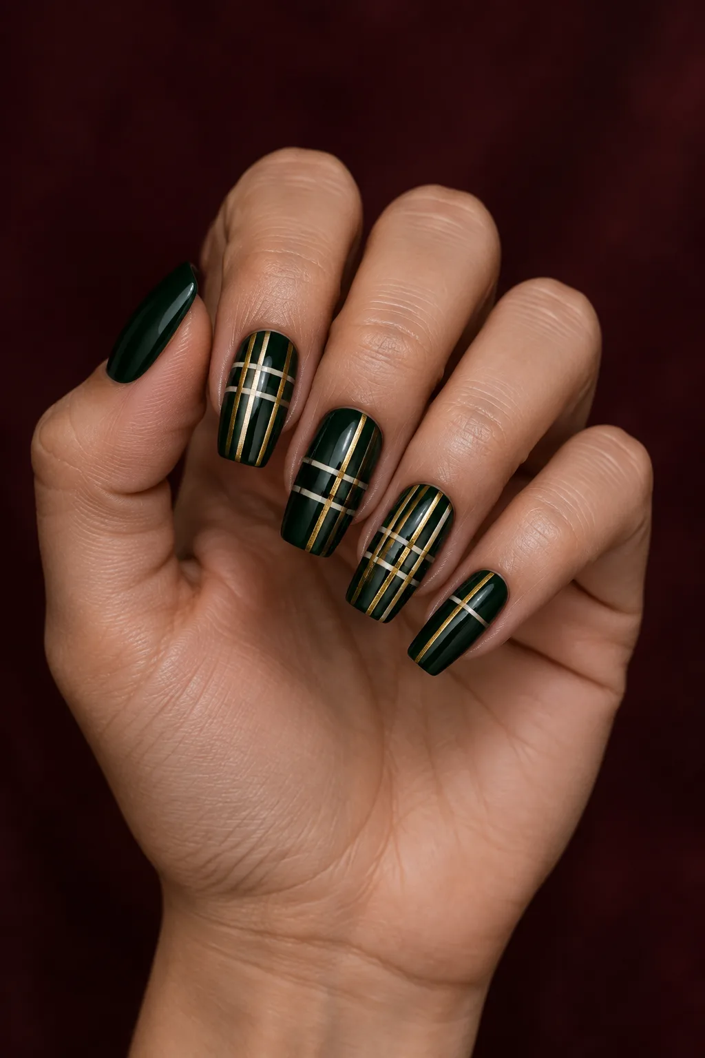 Green plaid nails for fall with gold foil kilt lines on short coffin nails