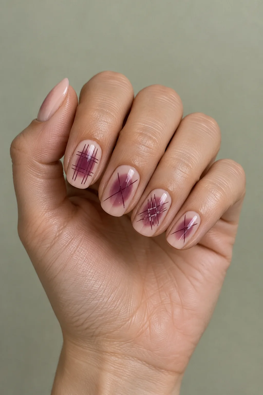Aura plaid nails for fall with a plum glow under thin crossed lines