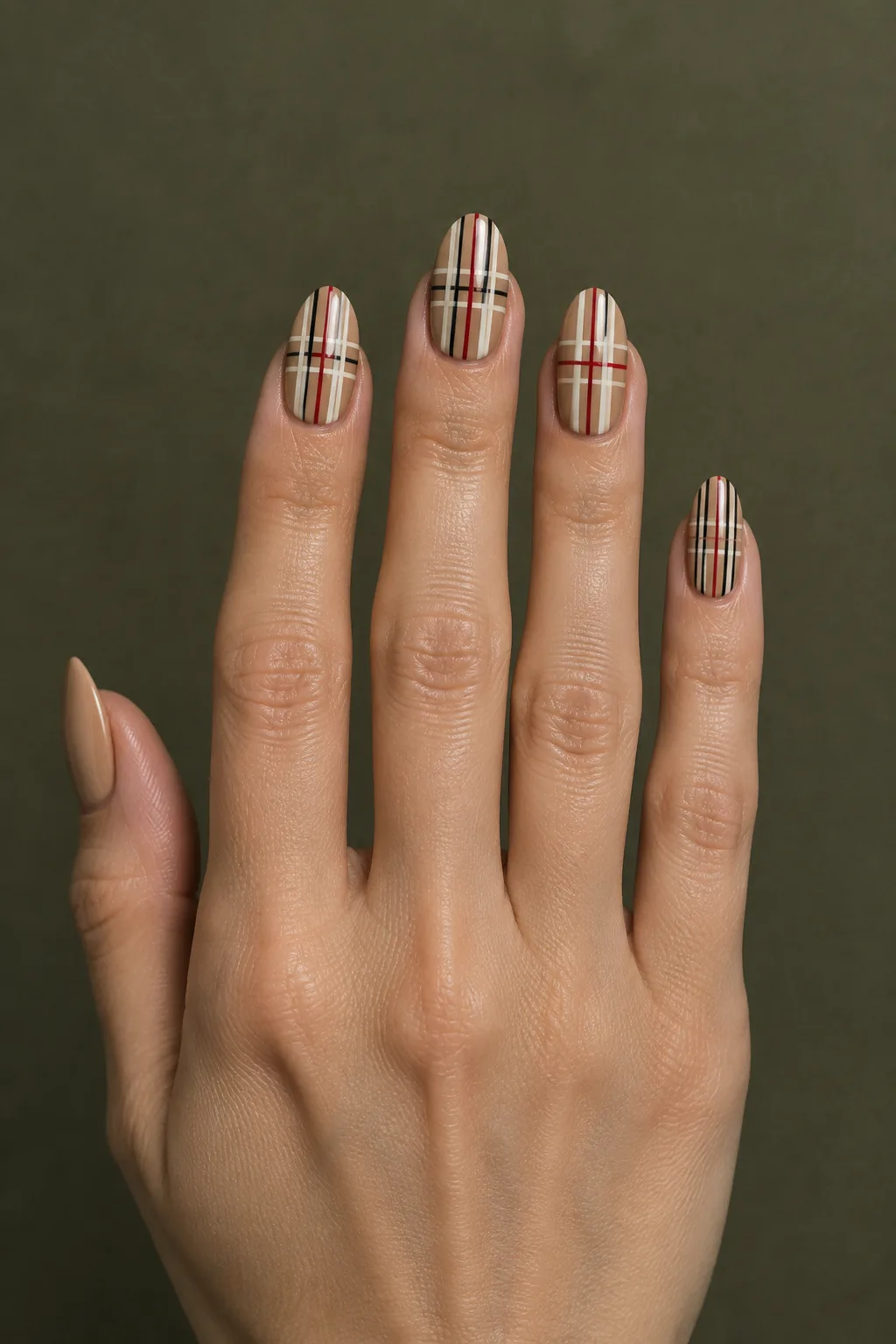 Camel check plaid nails for fall with cream, black and red painted lines