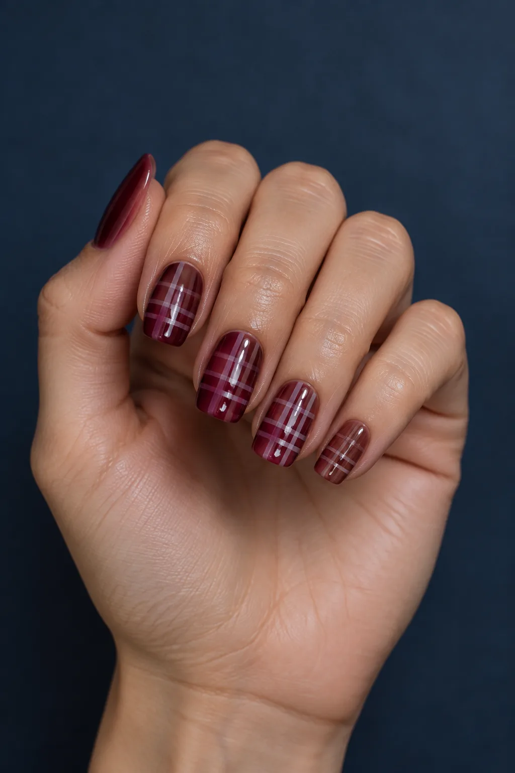 Sheer cranberry jelly plaid nails for fall with milky crossed lines