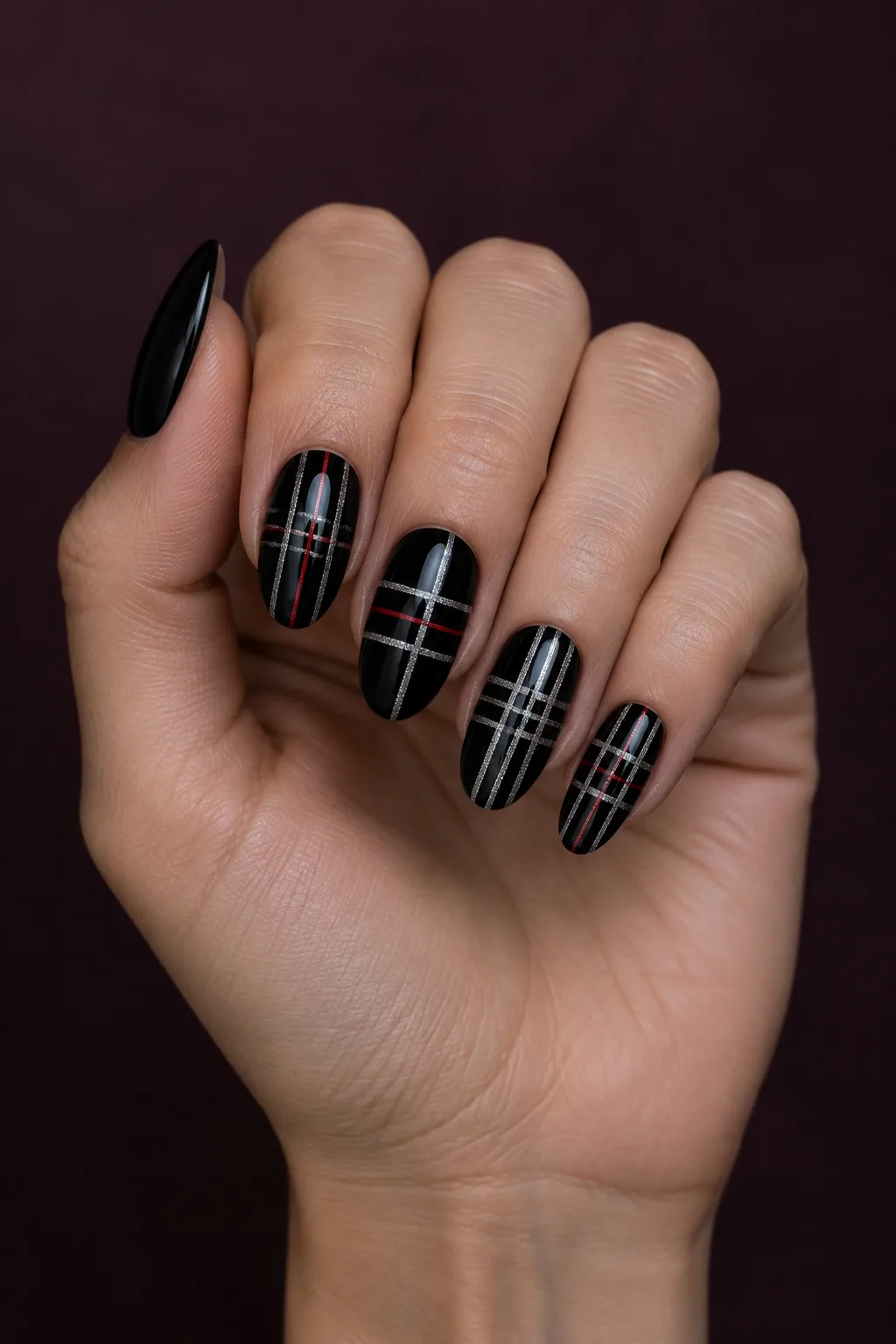 Black and silver glitter tartan plaid nails for fall on lipstick shaped nails