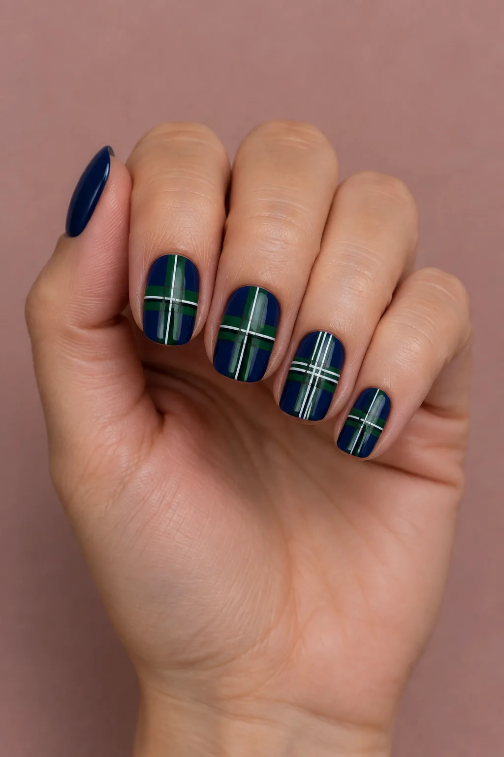 Black watch plaid nails for fall in navy and forest green on short square nails
