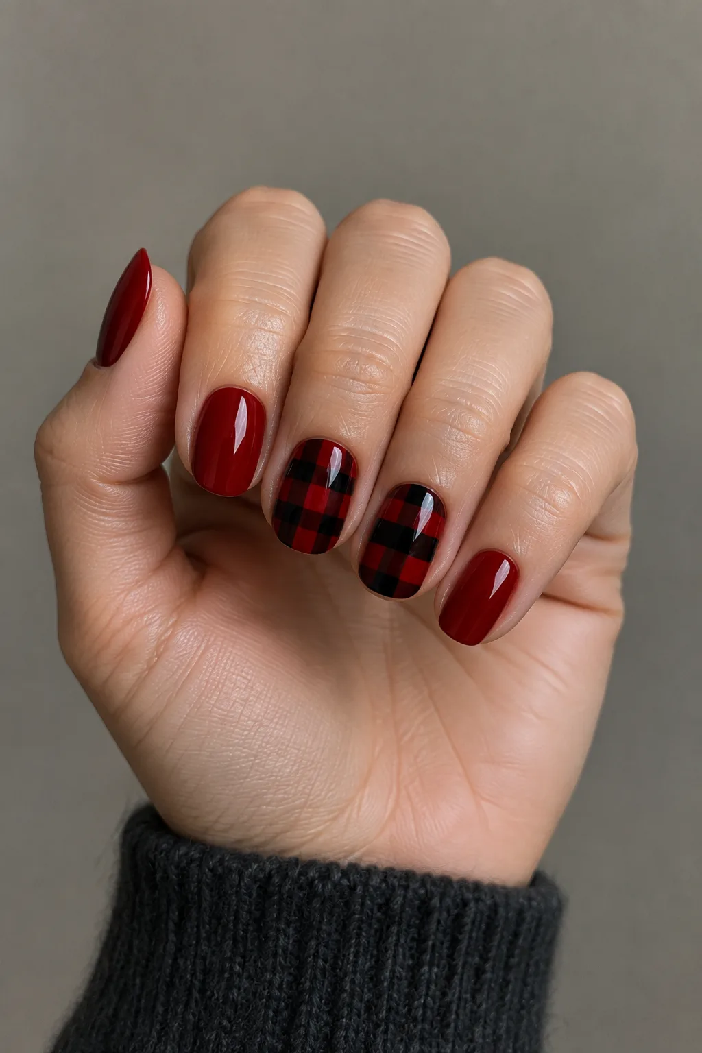Red and black buffalo check plaid nails for fall on short round nails