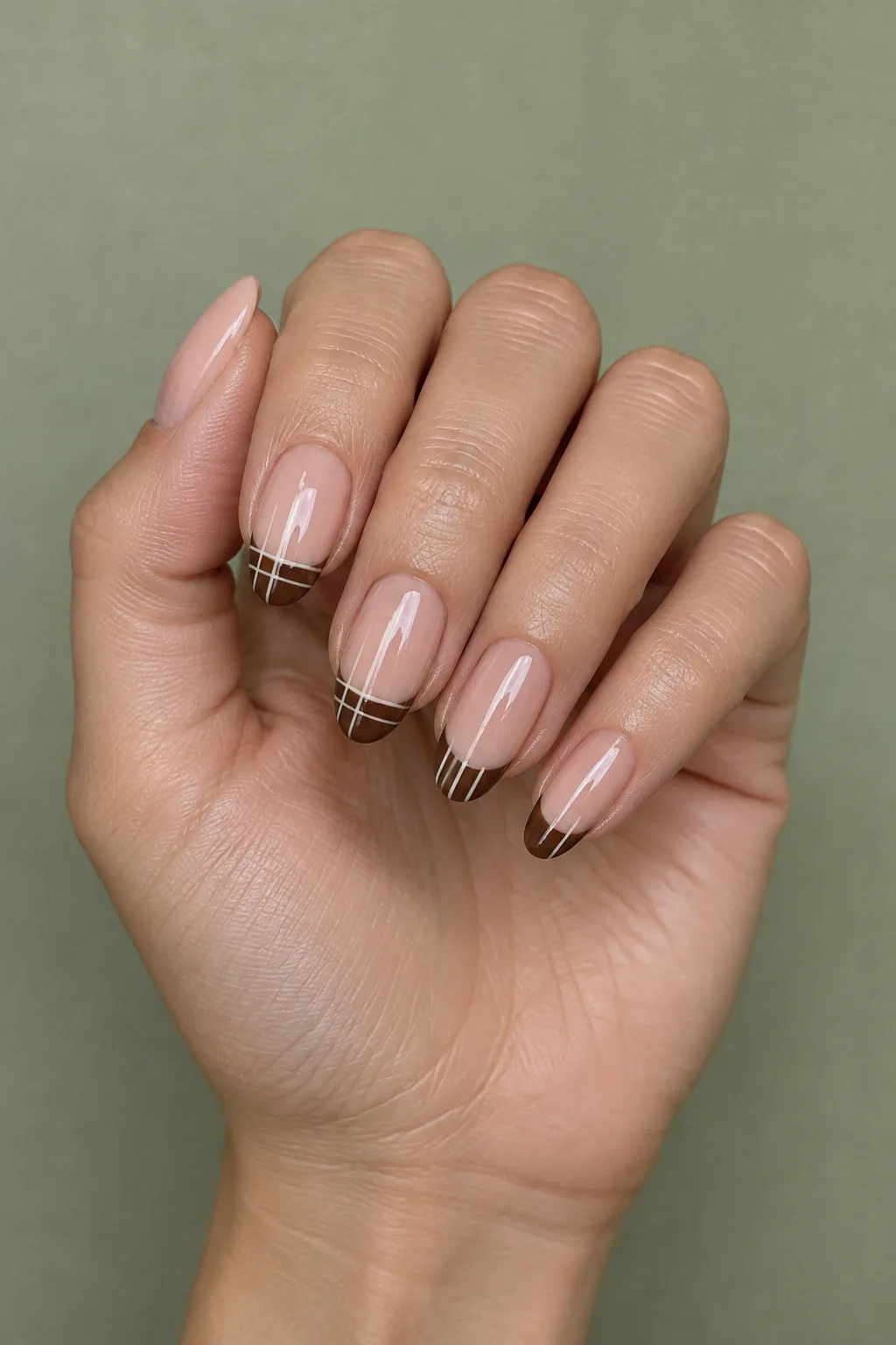 Micro check plaid nails for fall with tiny brown and cream tips on short almond nails