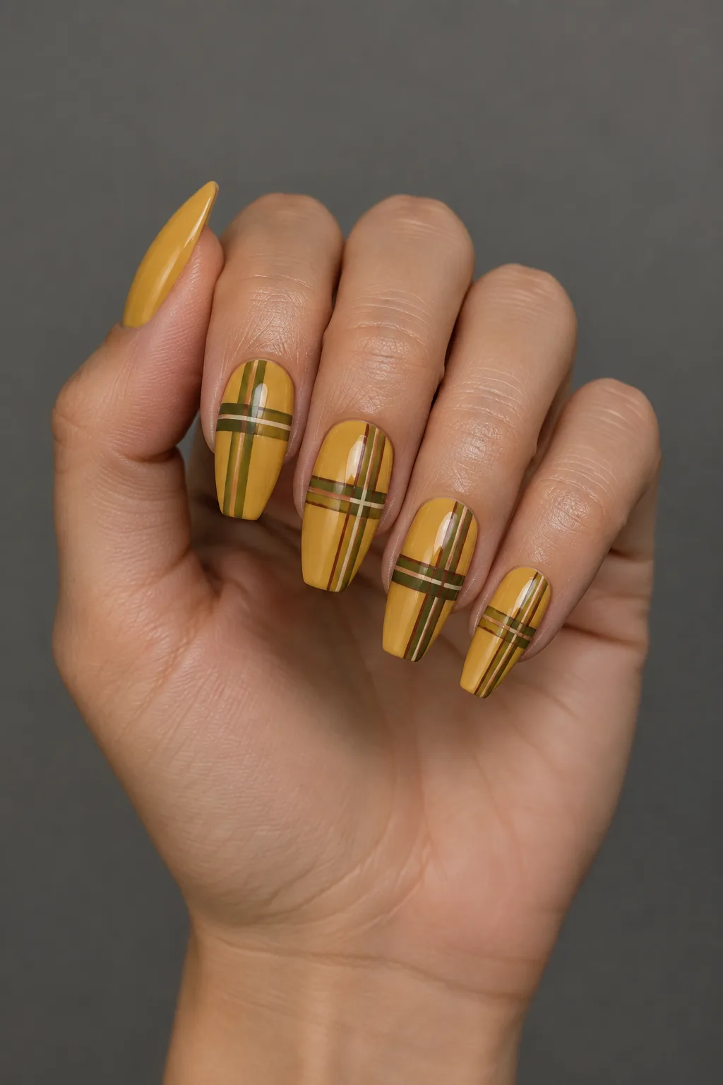 Mustard and olive blanket plaid nails for fall on medium ballerina nails