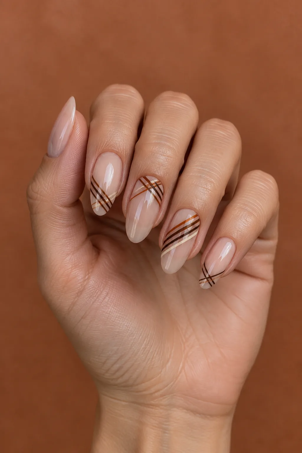 Negative space plaid nails for fall with a diagonal brown and rust line band