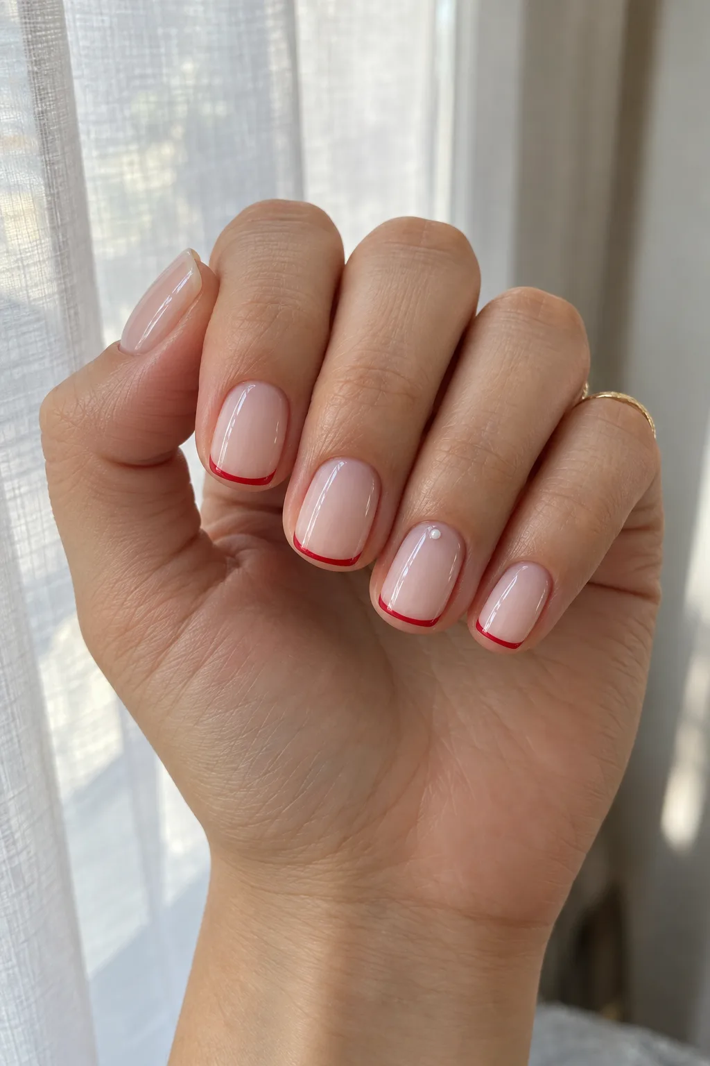 Short Christmas nails with thin red micro French tips on milky nude base