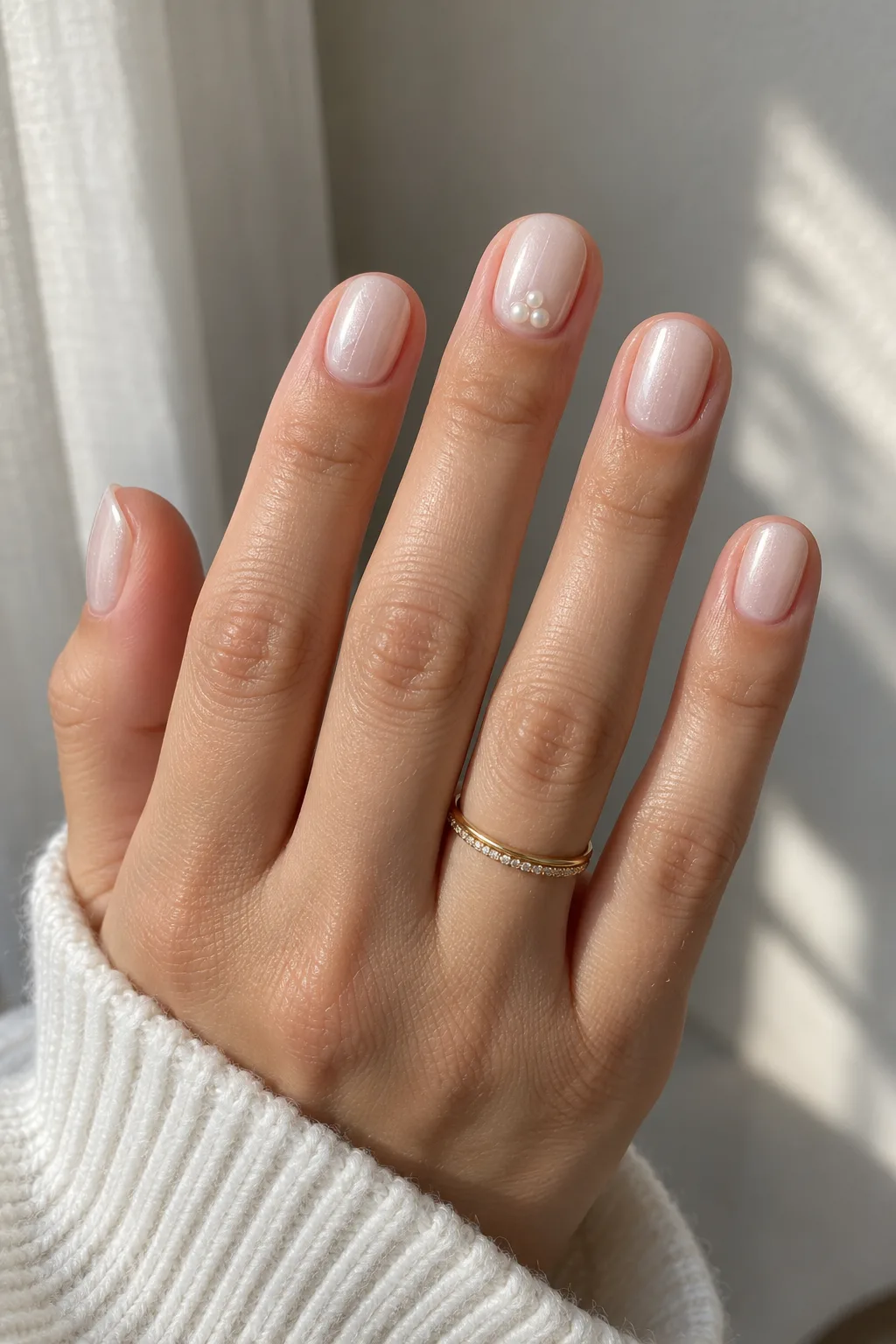 Short Christmas nails with milky white base and tiny pearl cluster accent