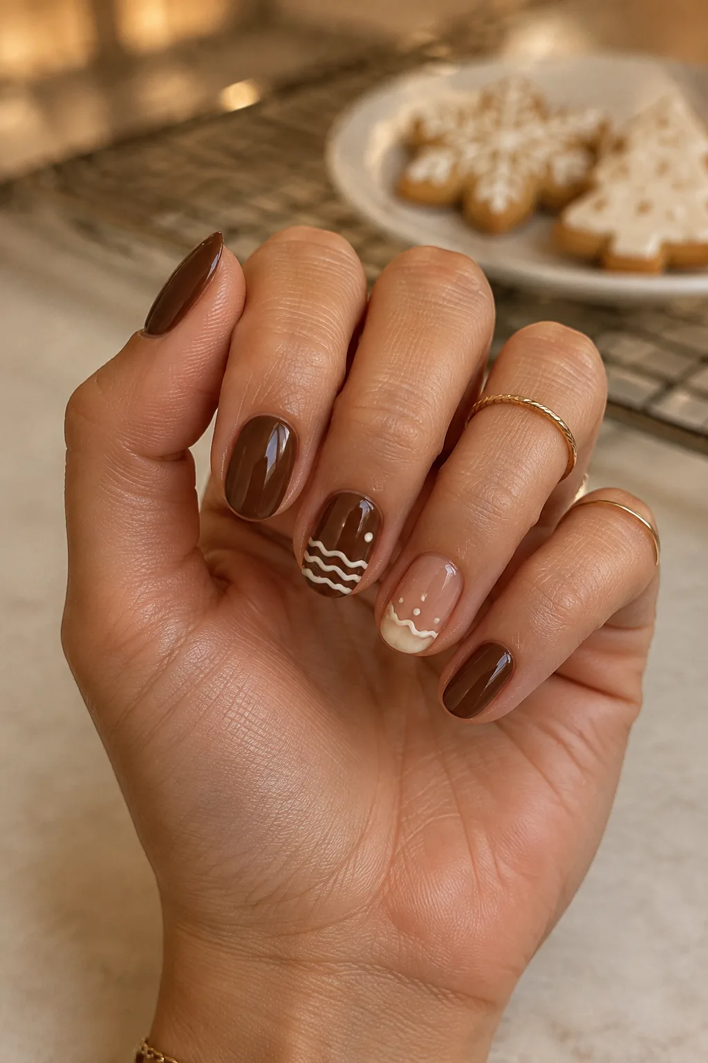 Short christmas nails in chocolate brown with cream icing lines
