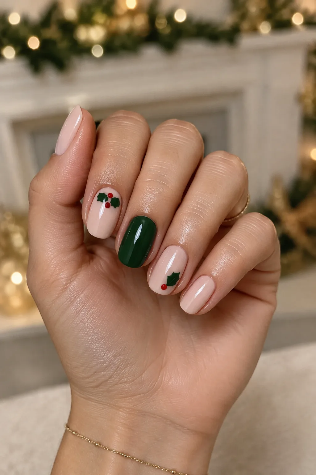 Short christmas nails with tiny red berries and green leaves
