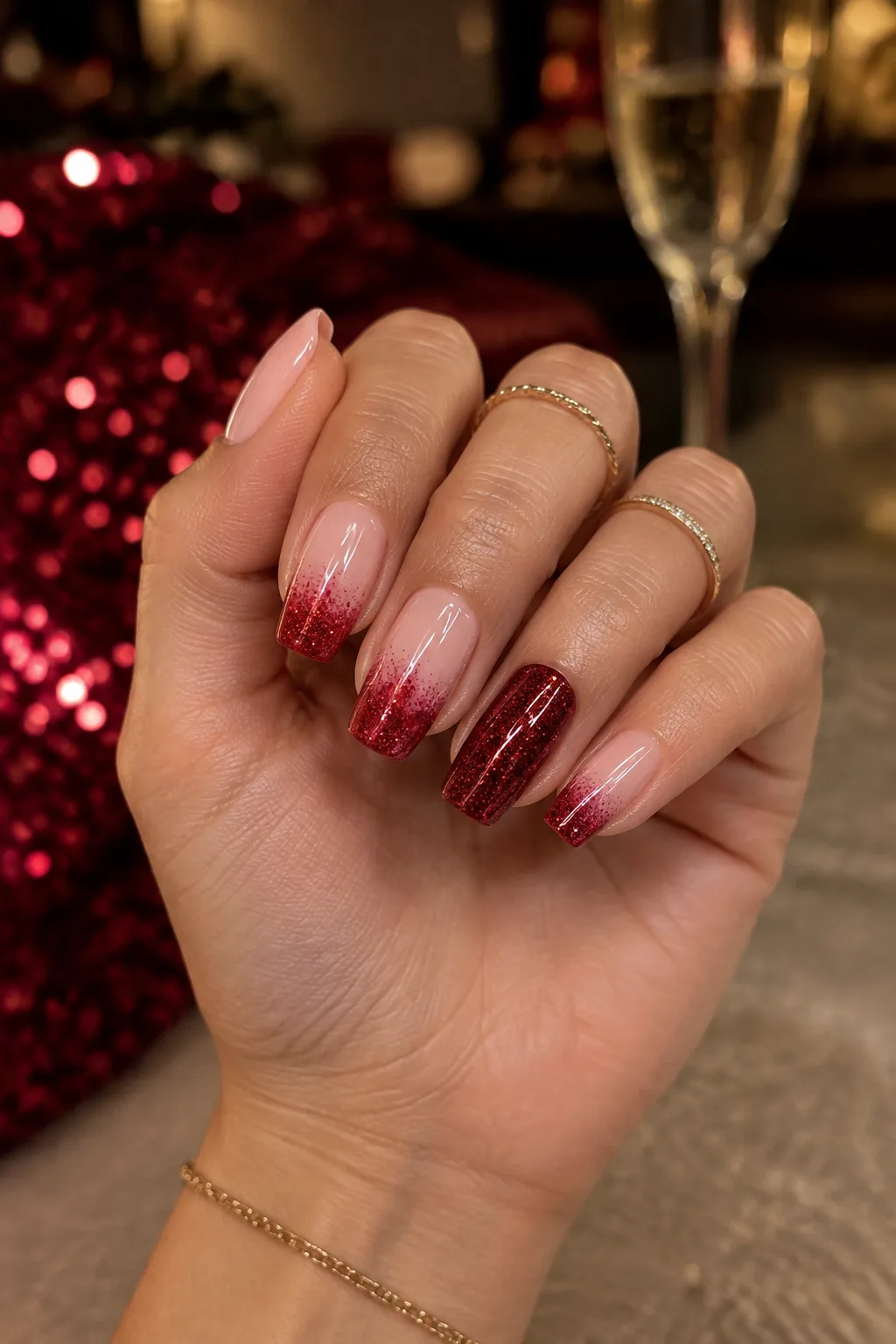 Short christmas nails with ruby red glitter fading from the tips