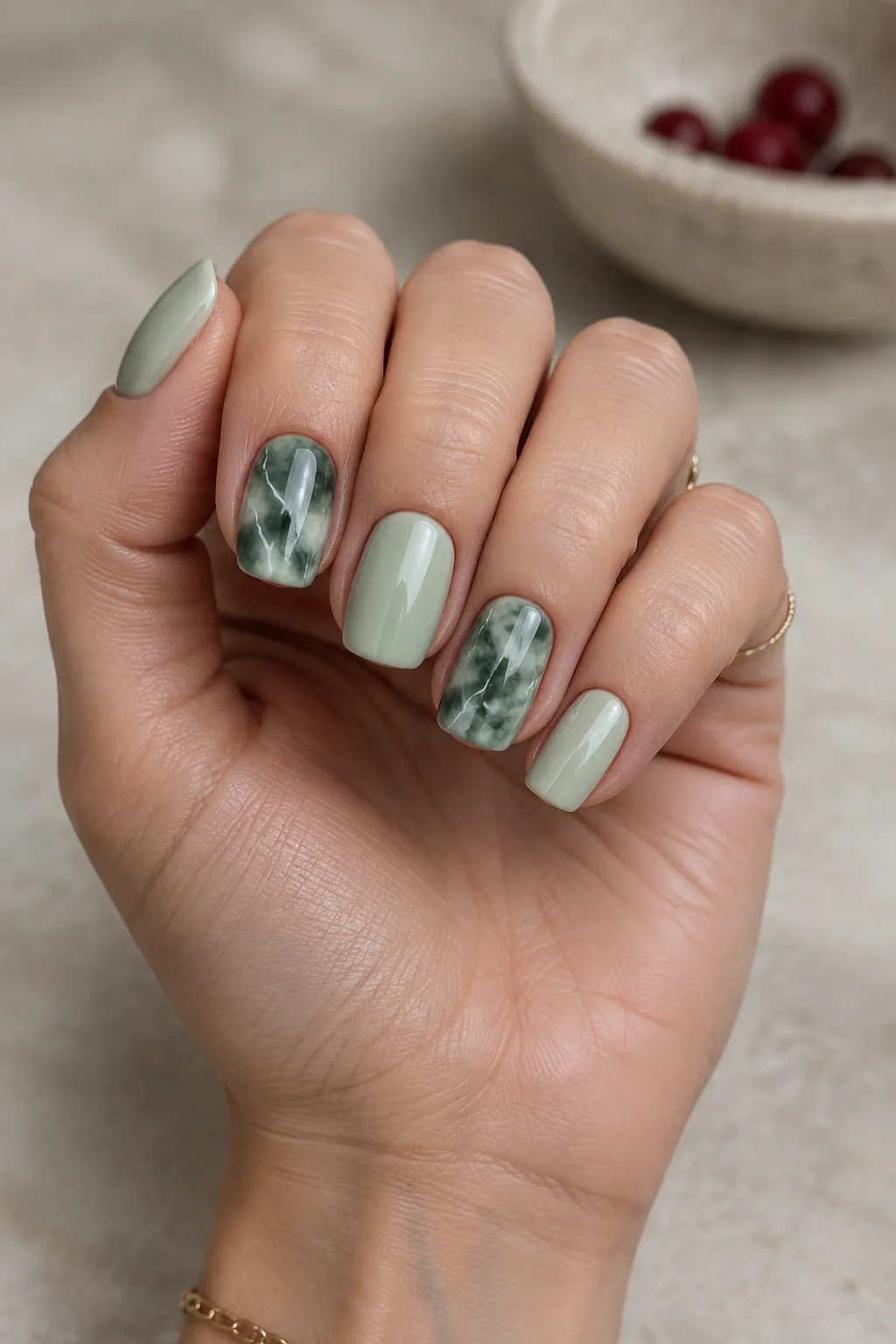 Short christmas nails with green marble and thin white veins