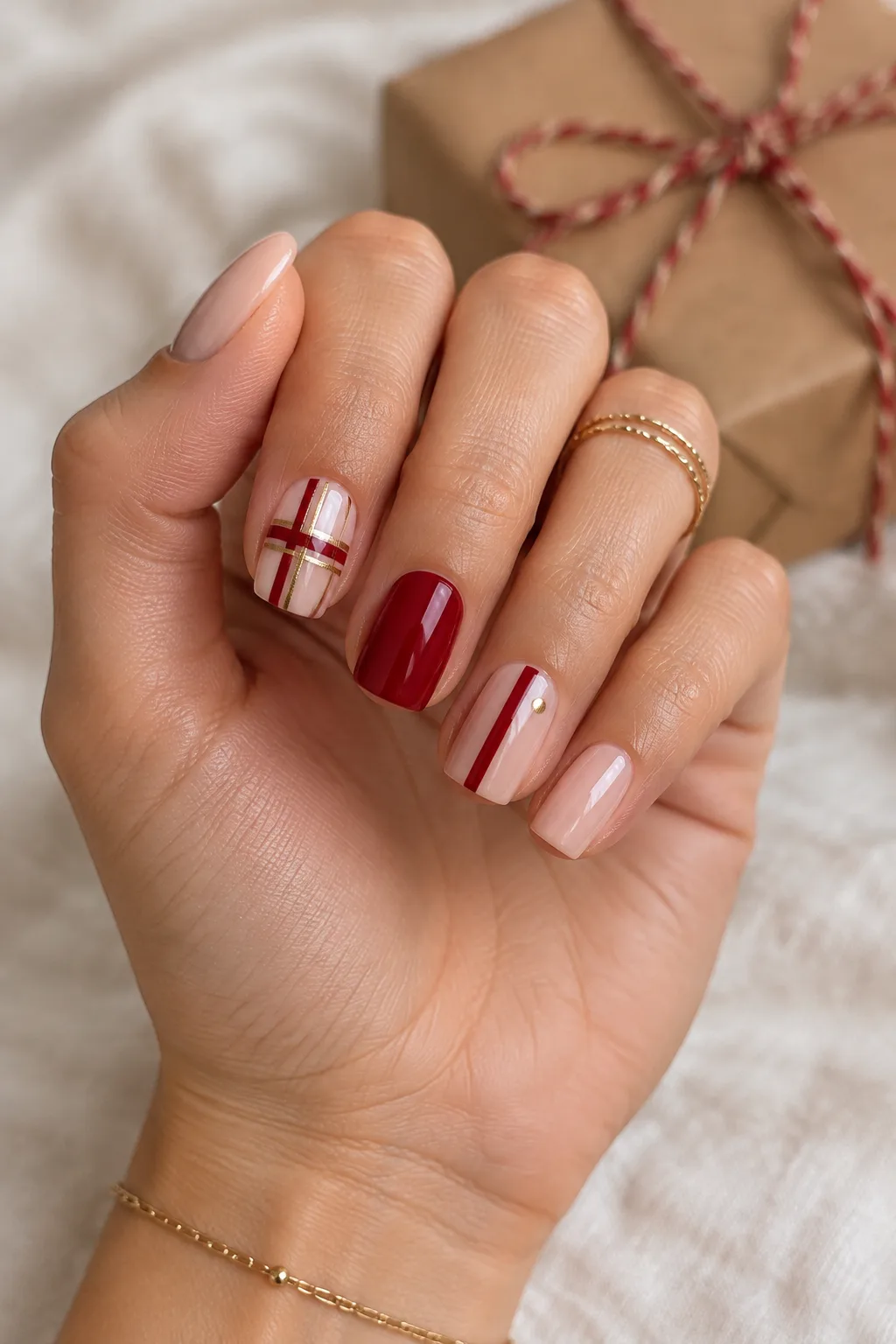 Short christmas nails with red negative space ribbon stripes