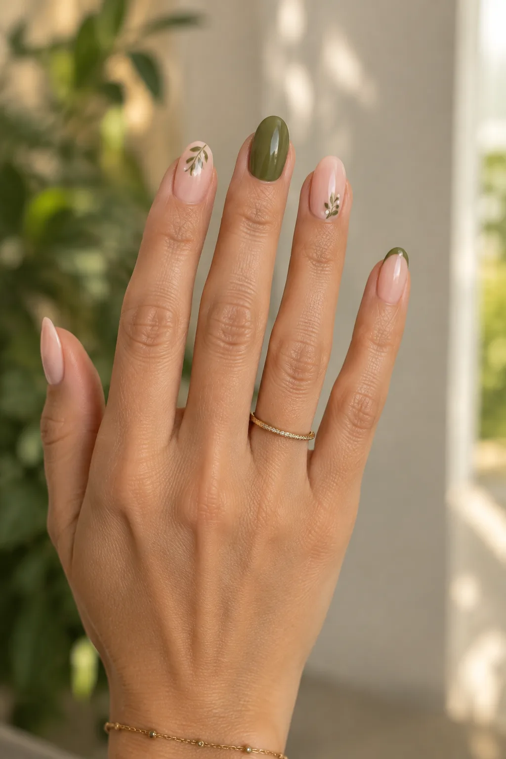 Short christmas nails with a tiny mistletoe sprig on milky nude