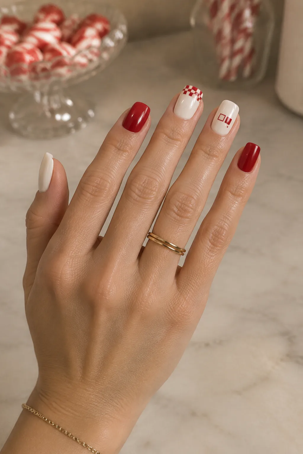 Short christmas nails with red and cream checkerboard tips