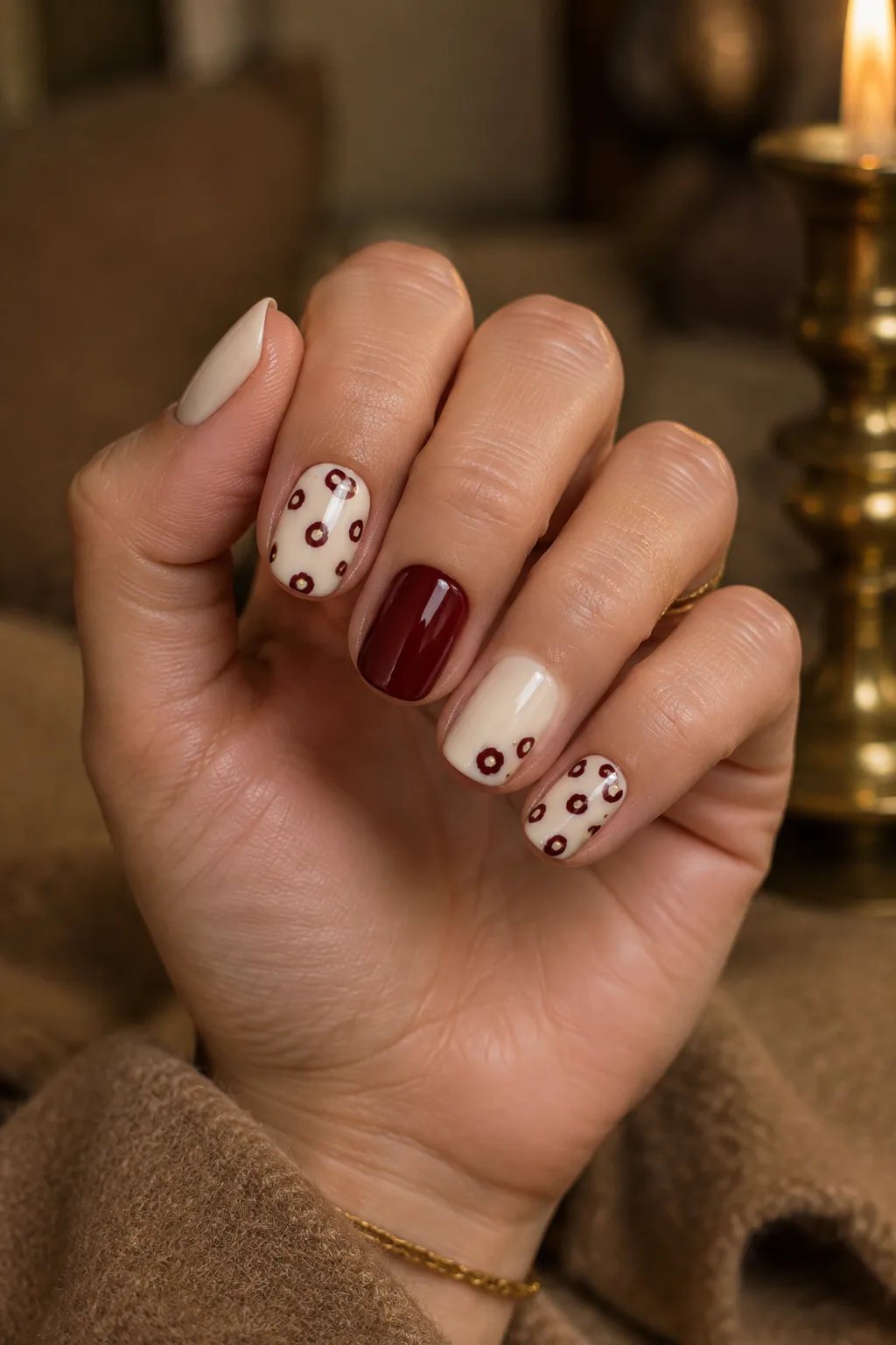 Short christmas nails with burgundy and gold leopard spots on cream