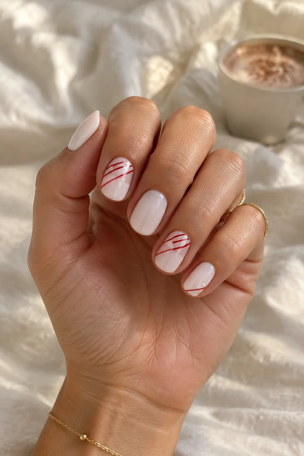 Short christmas nails with tiny red and white stripes on milky white