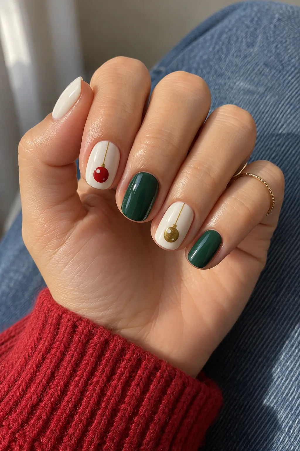 Short Christmas nails with hand-painted ornament bauble drops on white gel