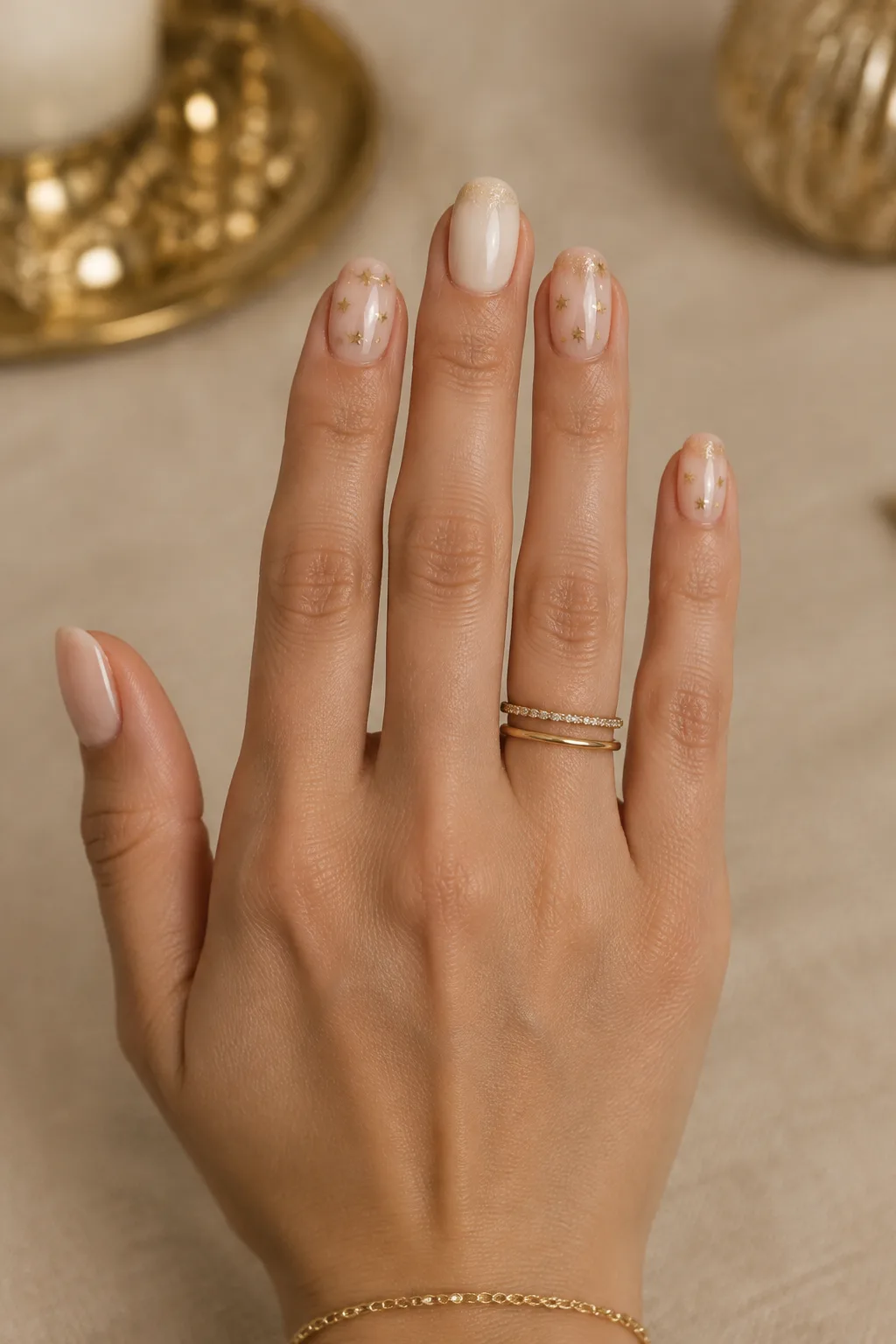 Short christmas nails in champagne nude with small gold stars