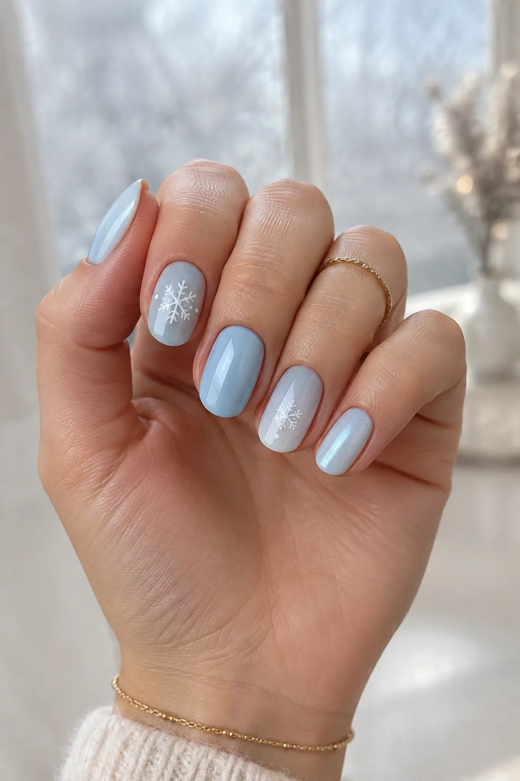 Short christmas nails with white fine-line snowflakes on icy blue