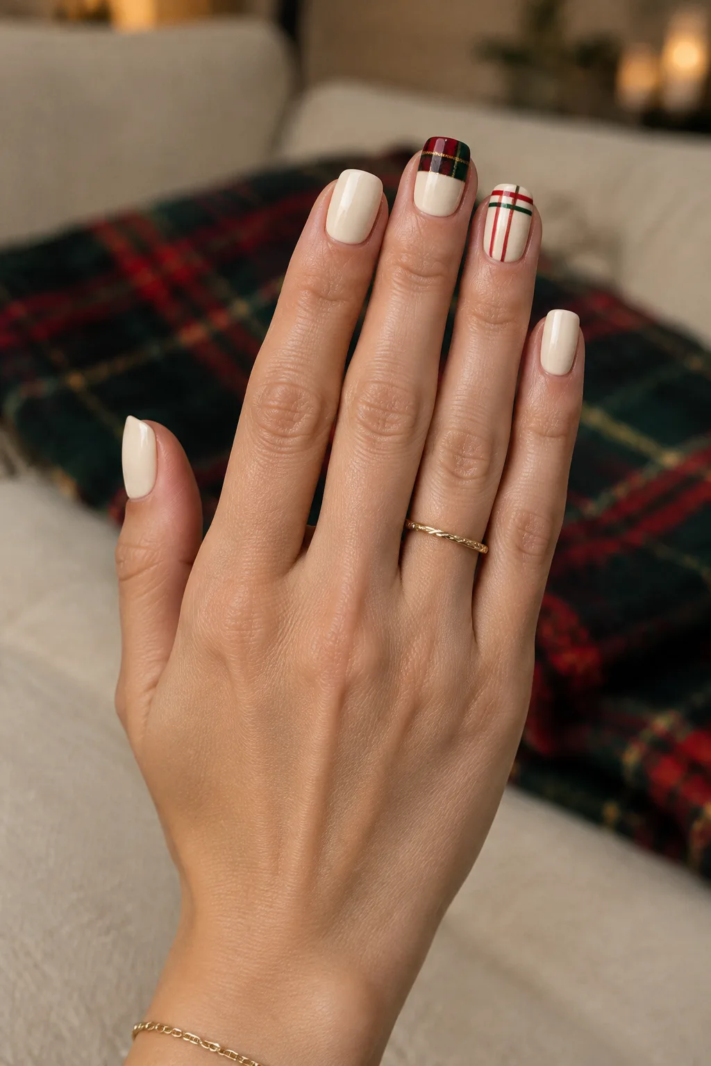 Short christmas nails with red and green plaid tips on cream