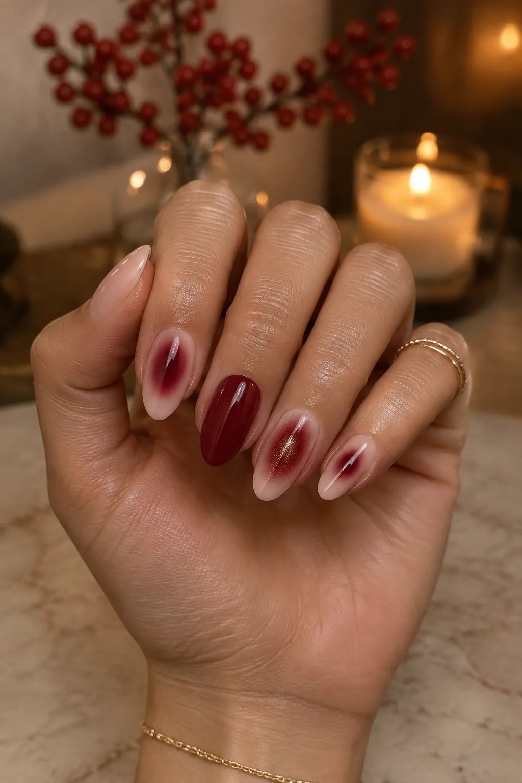 Short christmas nails with blurred cranberry aura glow on nude