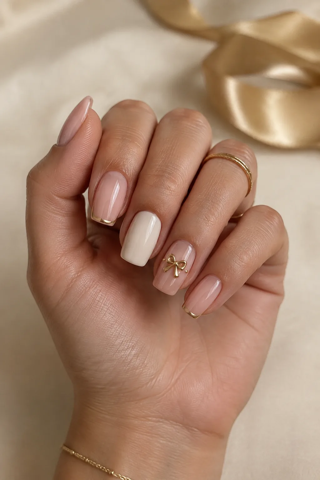 Short christmas nails with a small gold 3D bow on nude
