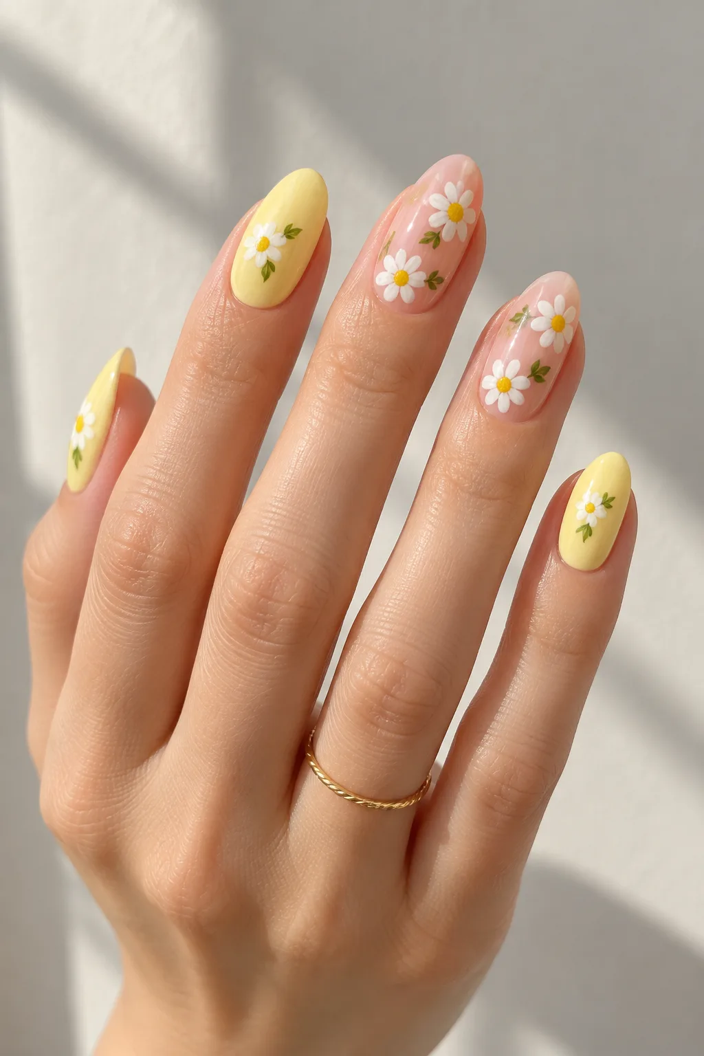 Butter yellow almond nails with hand-painted white daisies