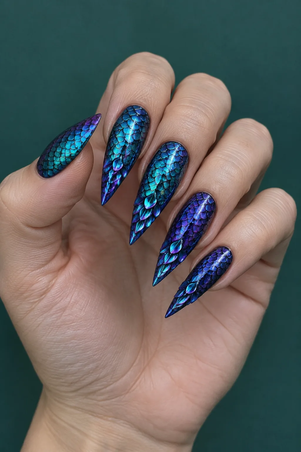 Iridescent dragon scale stiletto nail designs in teal and purple