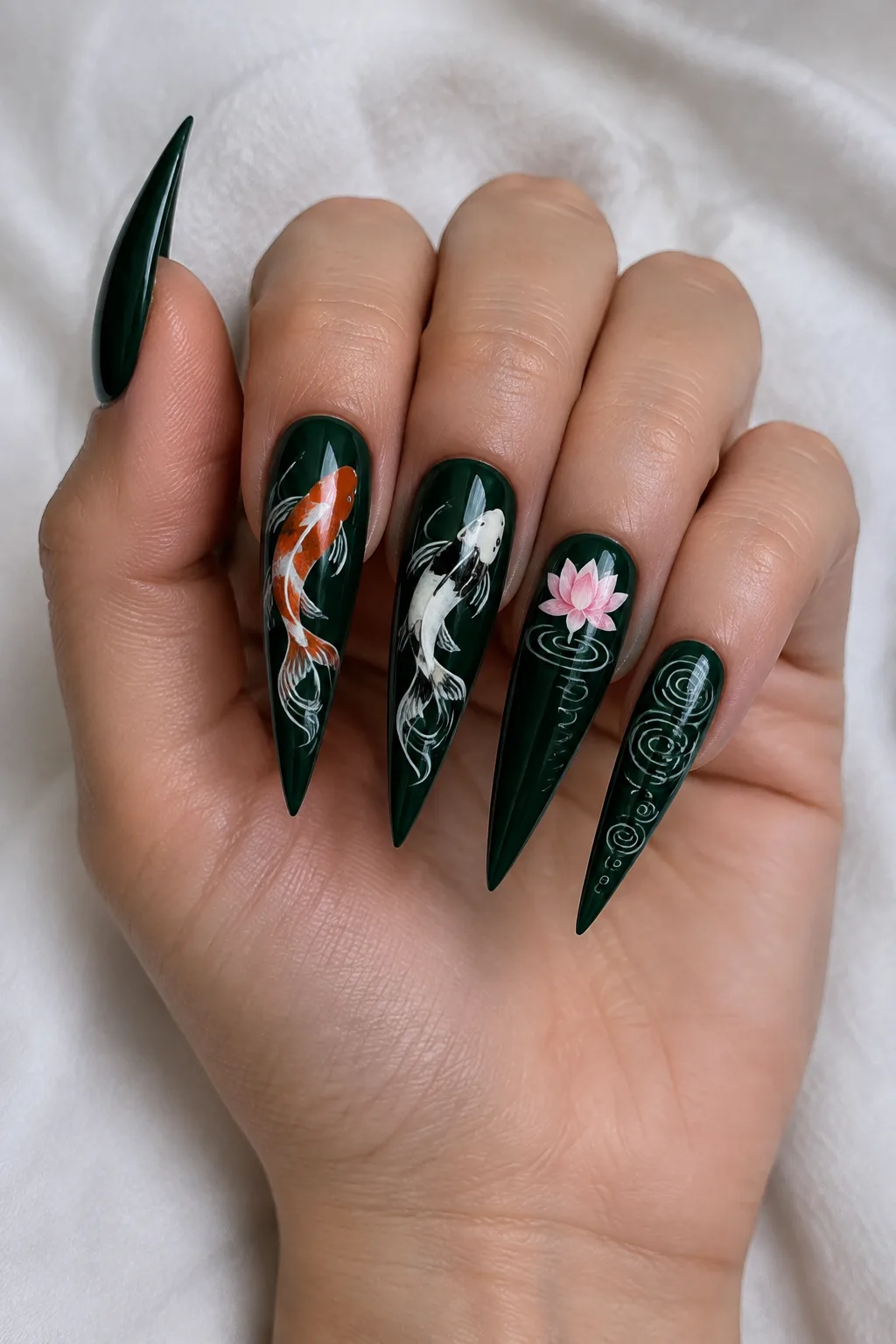 Koi pond stiletto nail designs painted as one scene across five nails