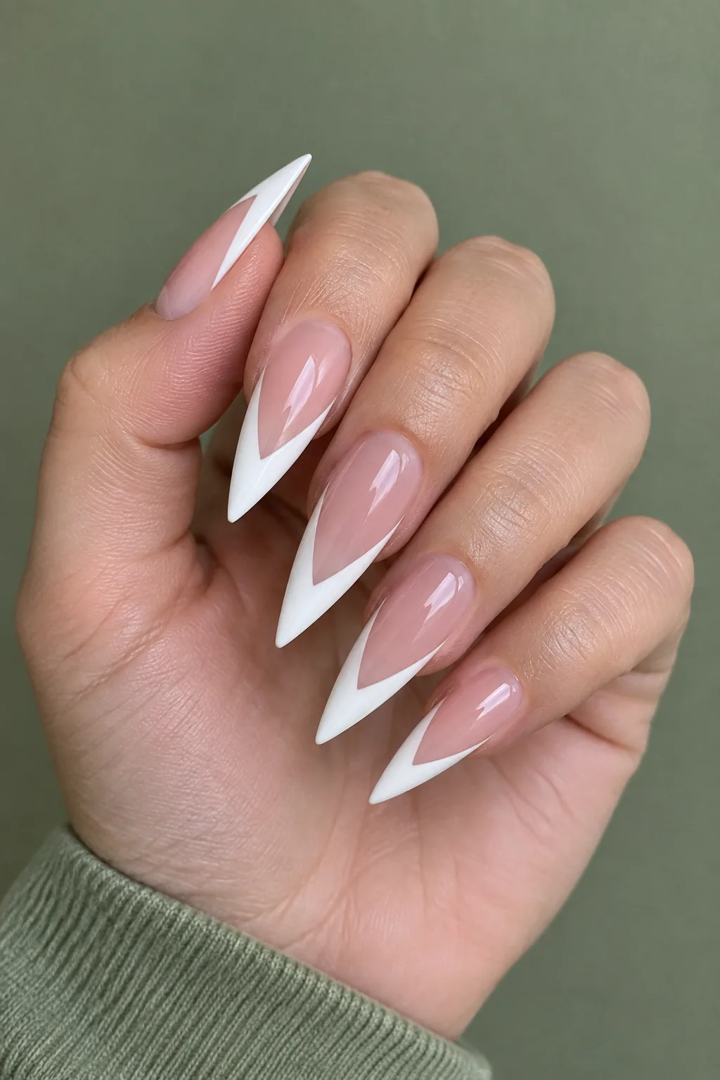 White V french tip stiletto nail designs on a sheer pink base