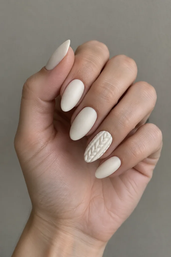 Cream sweater nails with one raised cable knit accent nail on almond shape