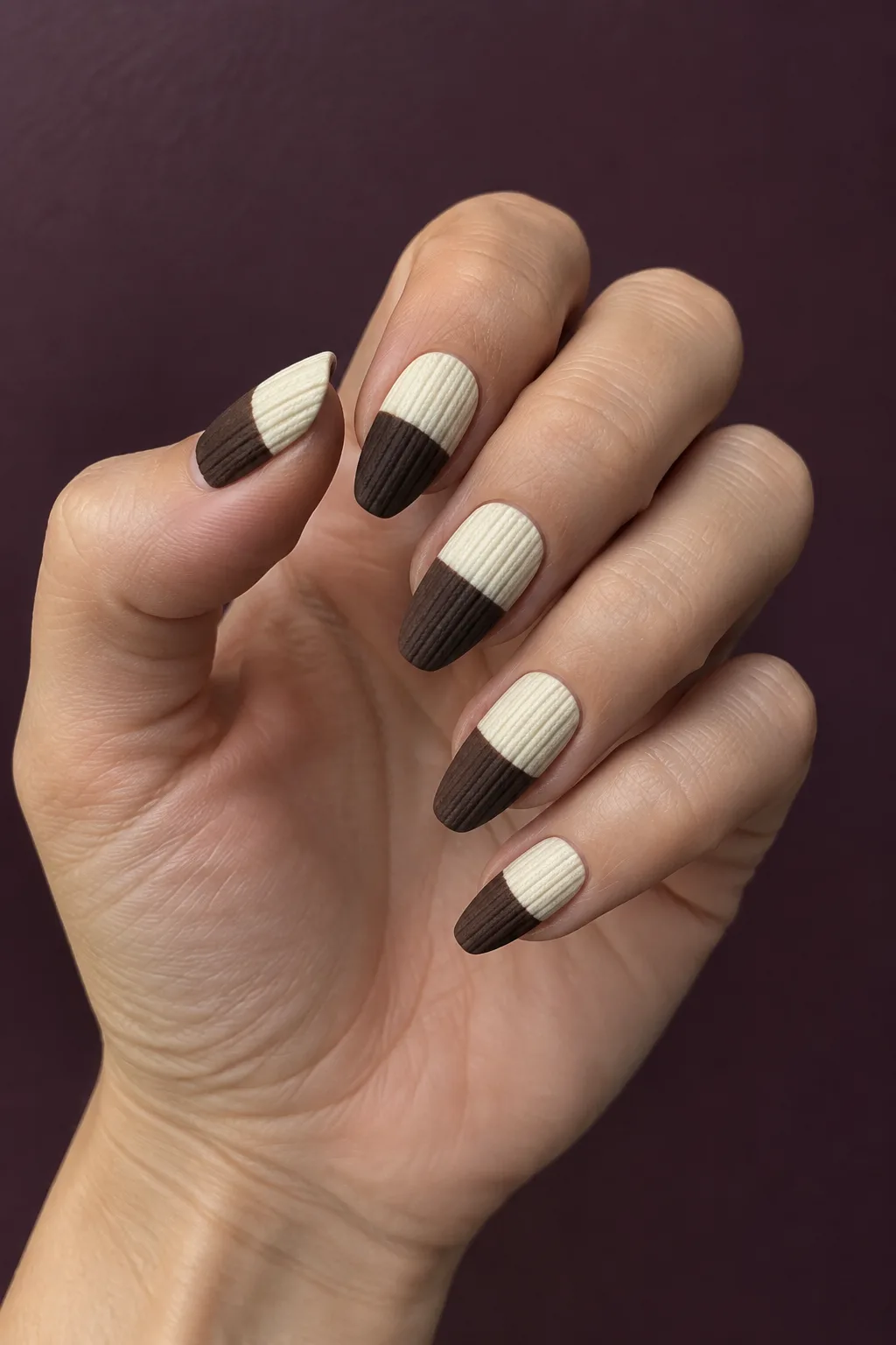 Chocolate and cream color block sweater nails on lipstick shaped nails