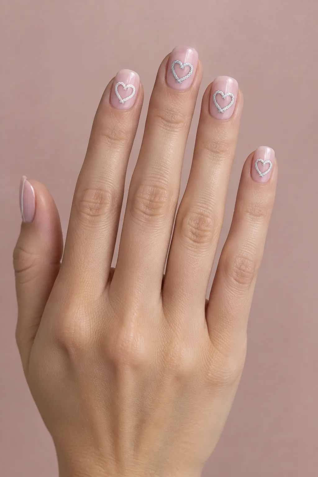 Sweater nails with blush pink base and painted cable knit heart design