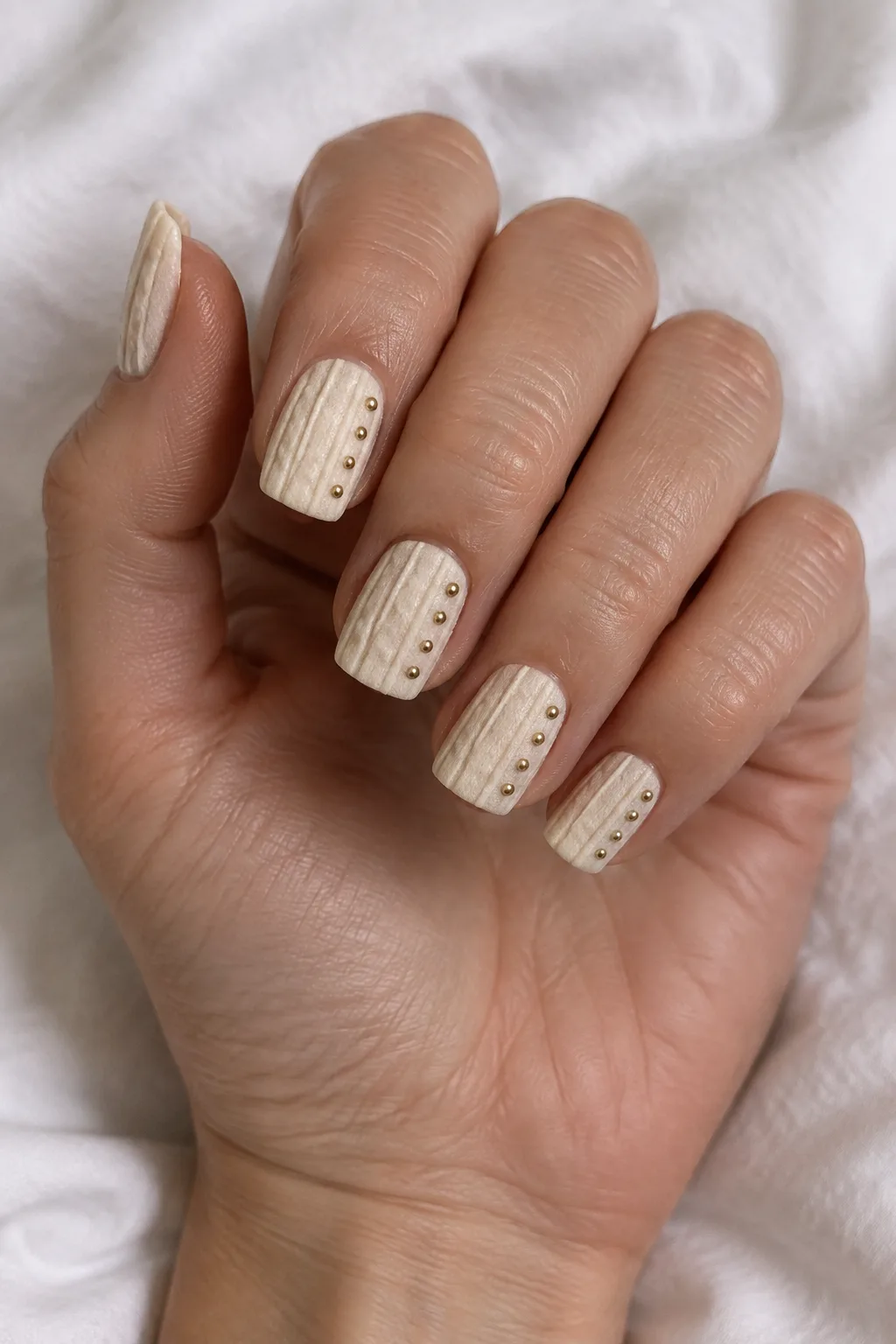 Cream cardigan sweater nails with gold button studs on flare nails