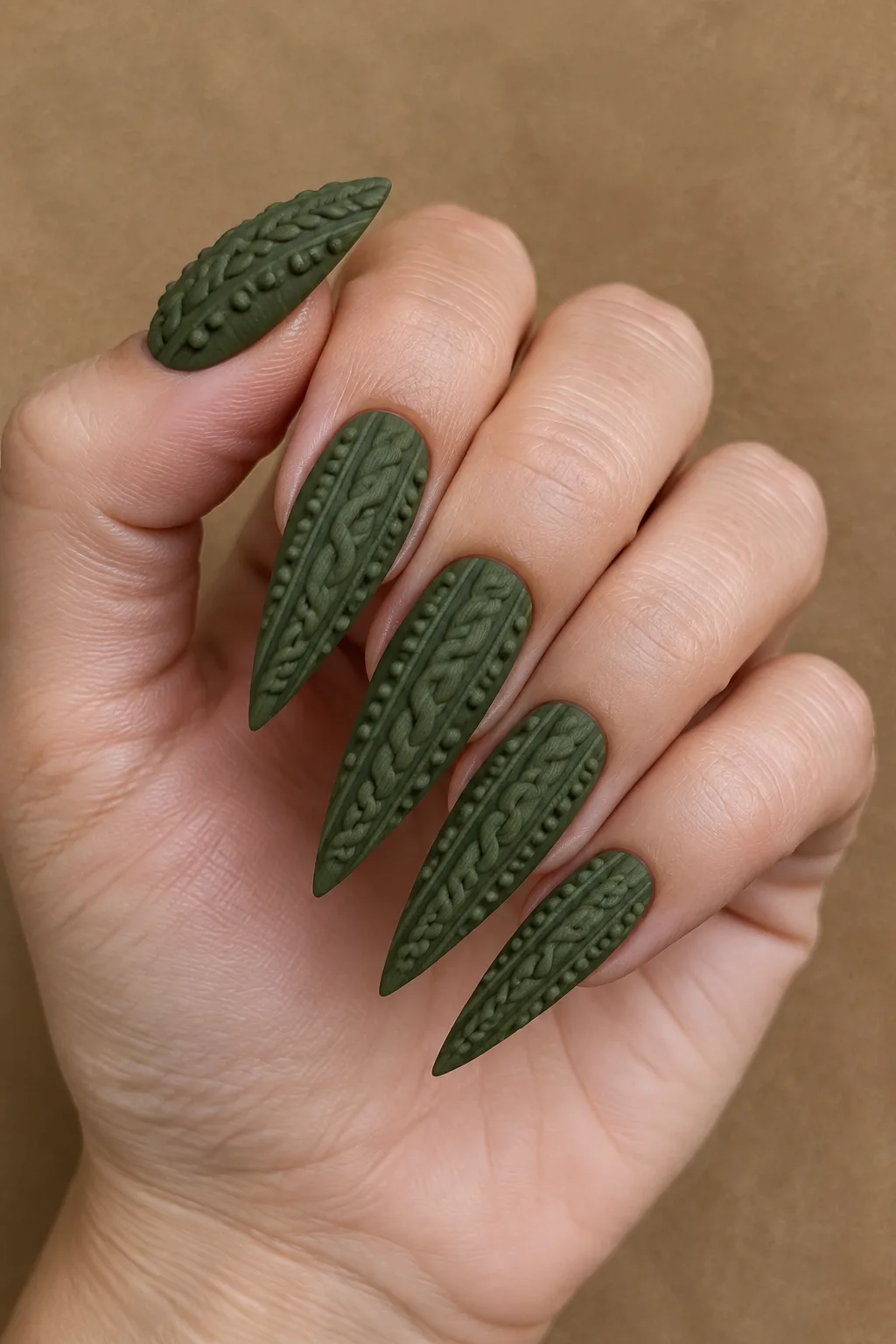 Moss green Aran knit sweater nails on long stiletto nails