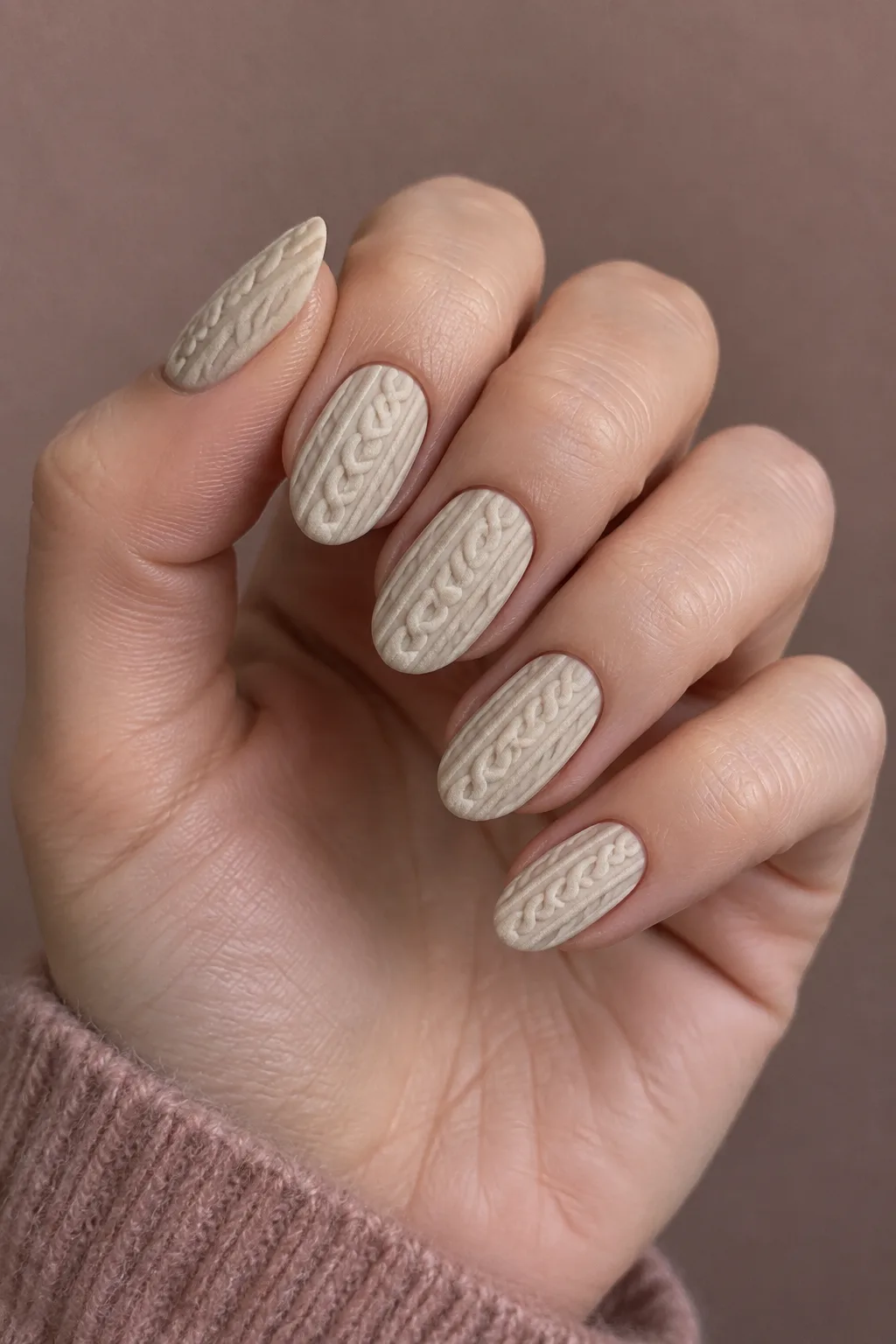 Oatmeal cable knit sweater nails on medium oval nails