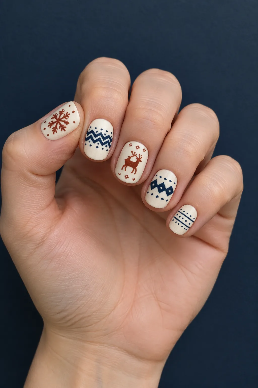 Fair Isle sweater nails with snowflake and reindeer motifs on short squoval nails