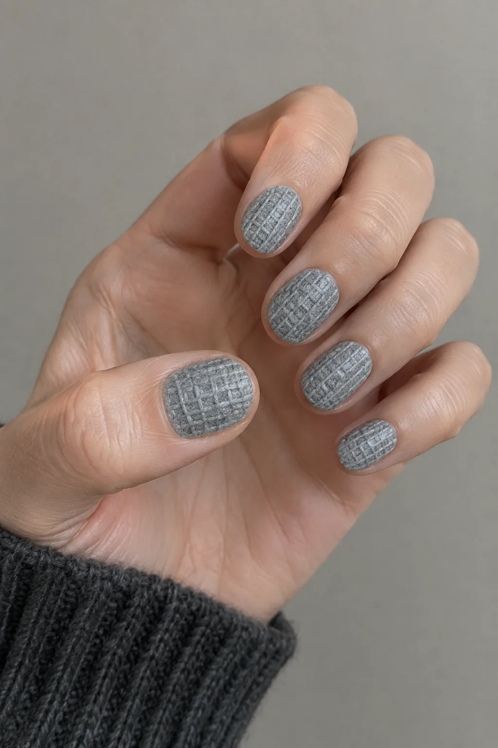 Heather grey waffle knit sweater nails on short round nails