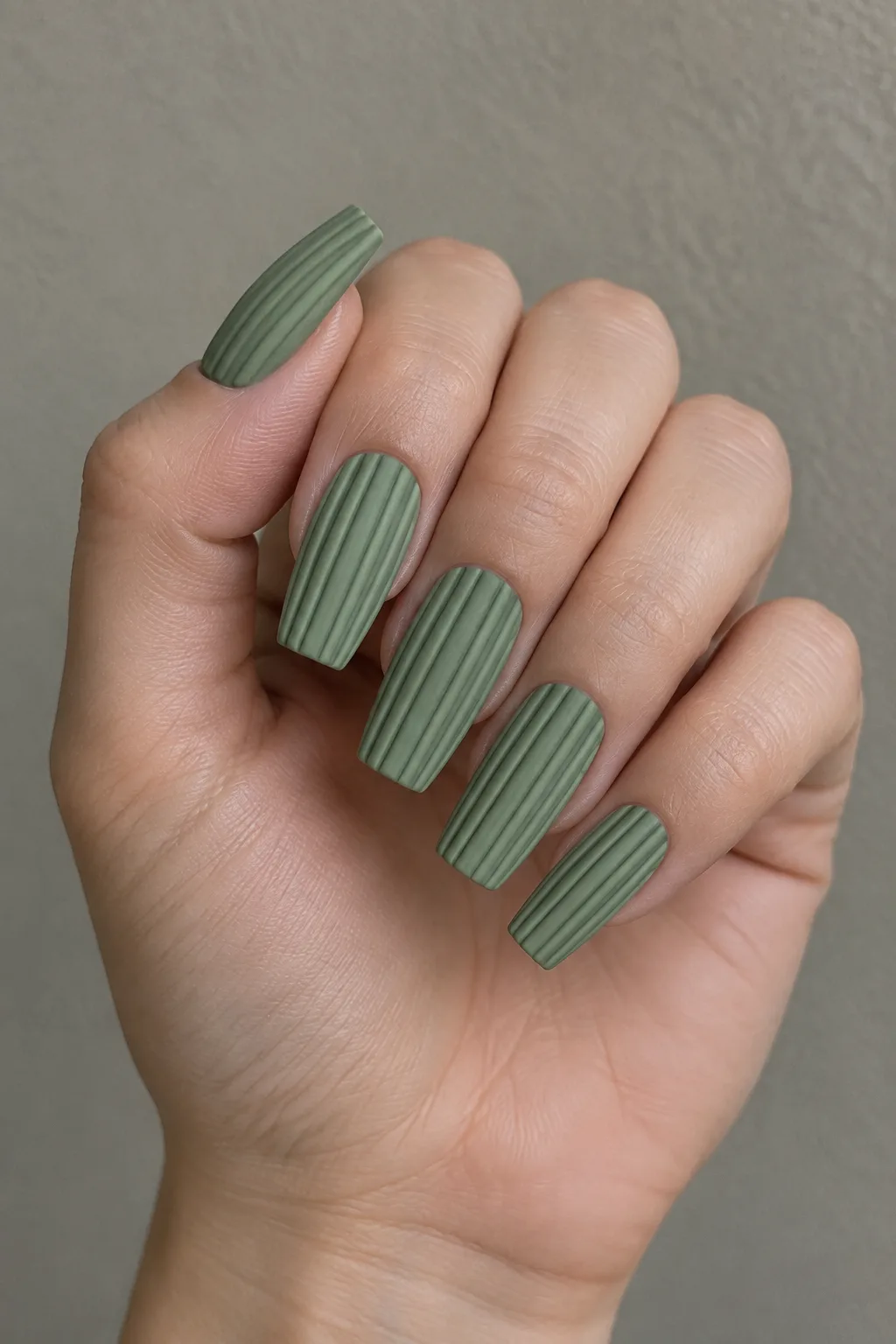 Sage green ribbed sweater nails on long square nails
