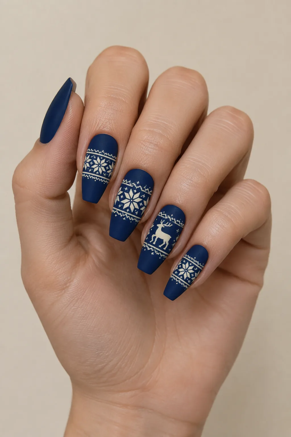 Navy Nordic sweater nails with cream snowflake bands on ballerina nails