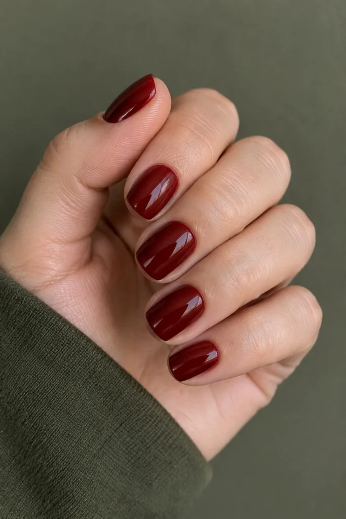 Thanksgiving nail designs for short nails: glossy cranberry squoval manicure