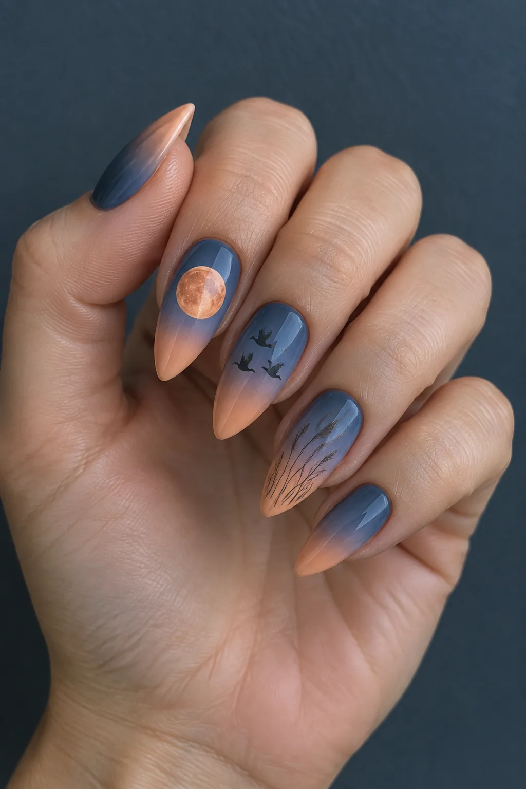 Hand-painted harvest moon and flying geese scene on short stiletto nails