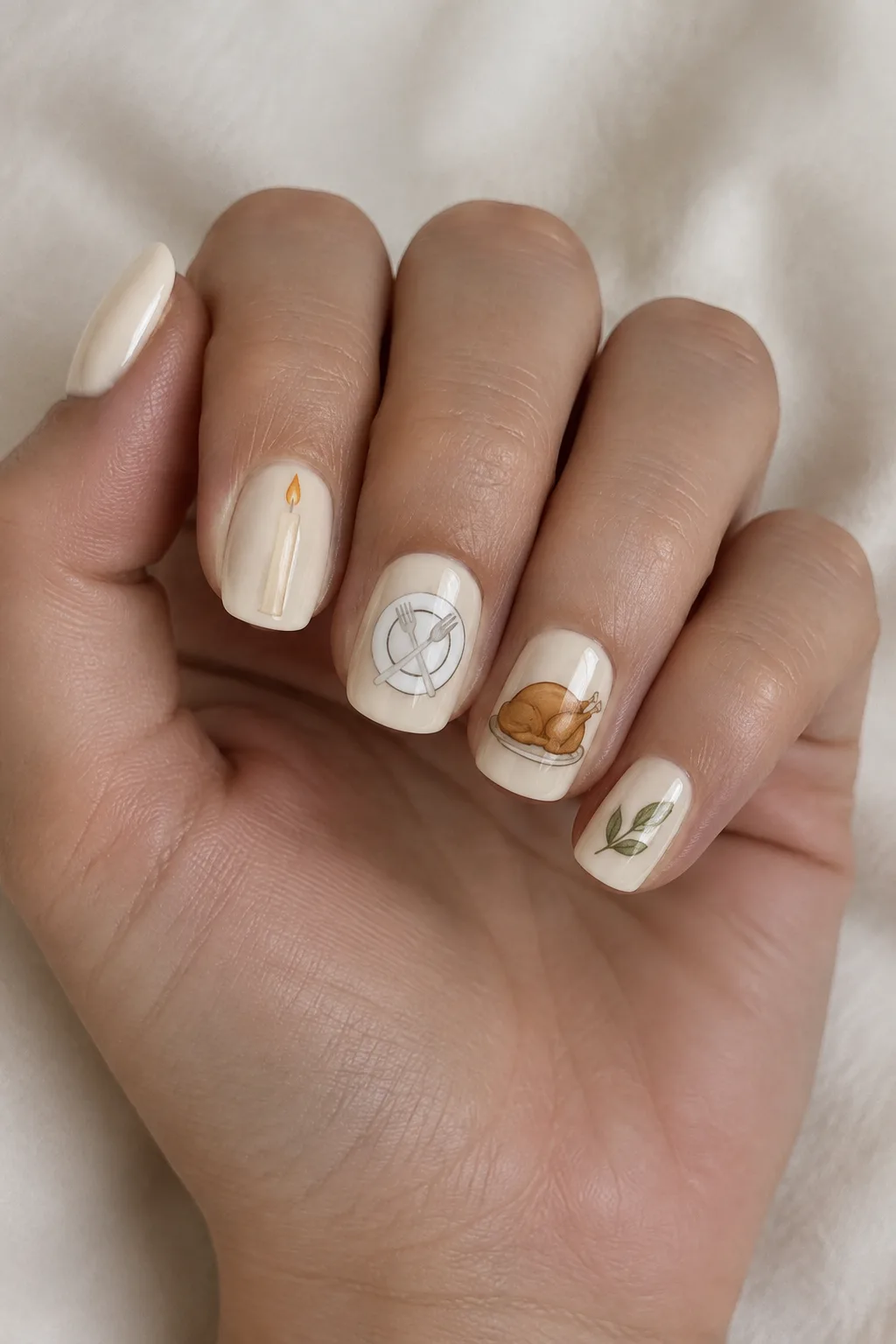 Mix-and-match Thanksgiving dinner table icons painted across five short nails