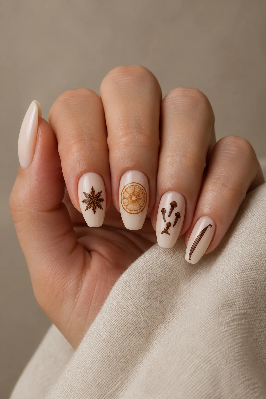Mix-and-match baking spice icons like cinnamon sticks and nutmeg on short nails