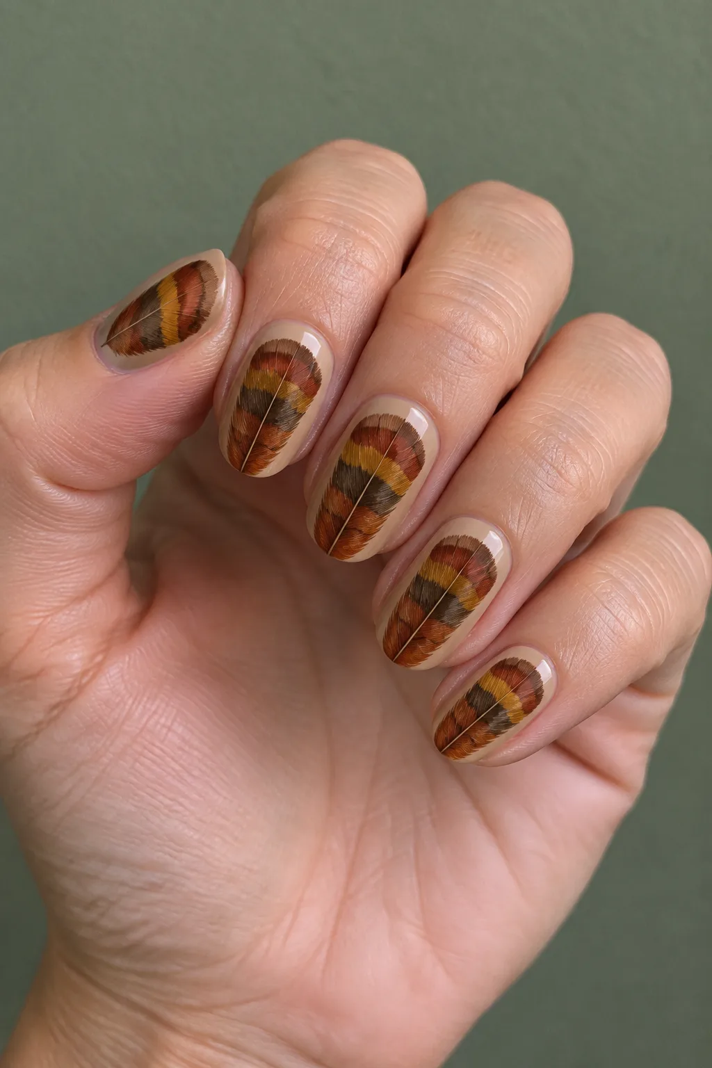 Fanned turkey feather nail art in warm brown, orange, and gold tones on short nails