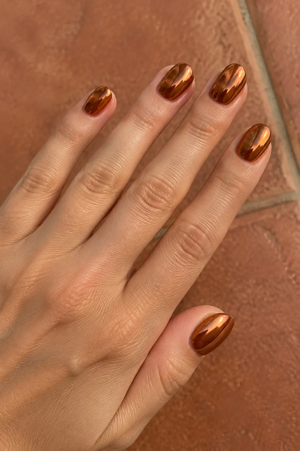 Reflective copper chrome polish on short oval nails with a mirror-like metallic finish