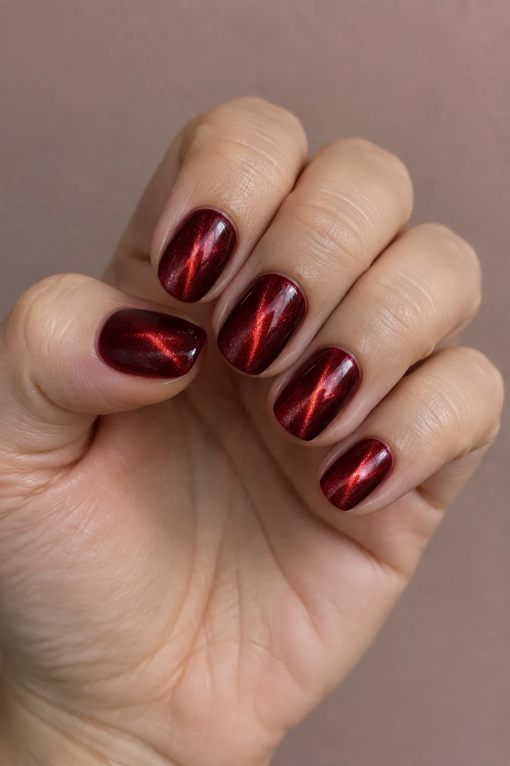 Deep cranberry velvet cat eye polish on short nails with a shimmering magnetic streak