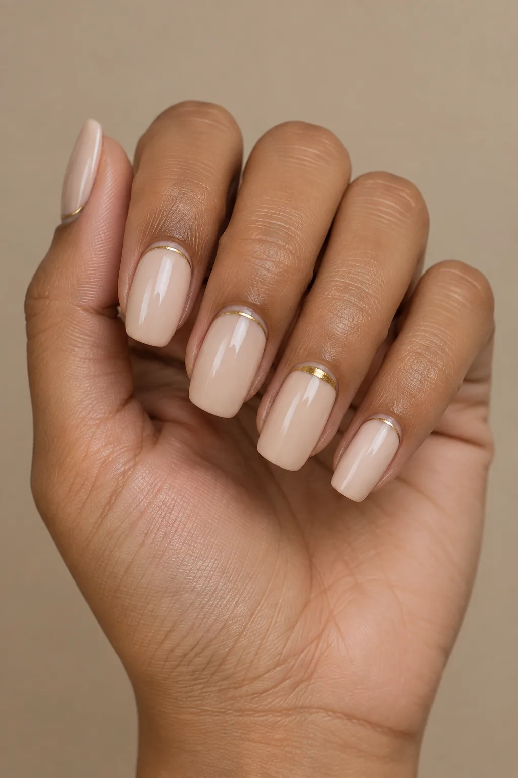 Latte beige squoval nails with a hairline gold cuticle line for subtle thanksgiving nails