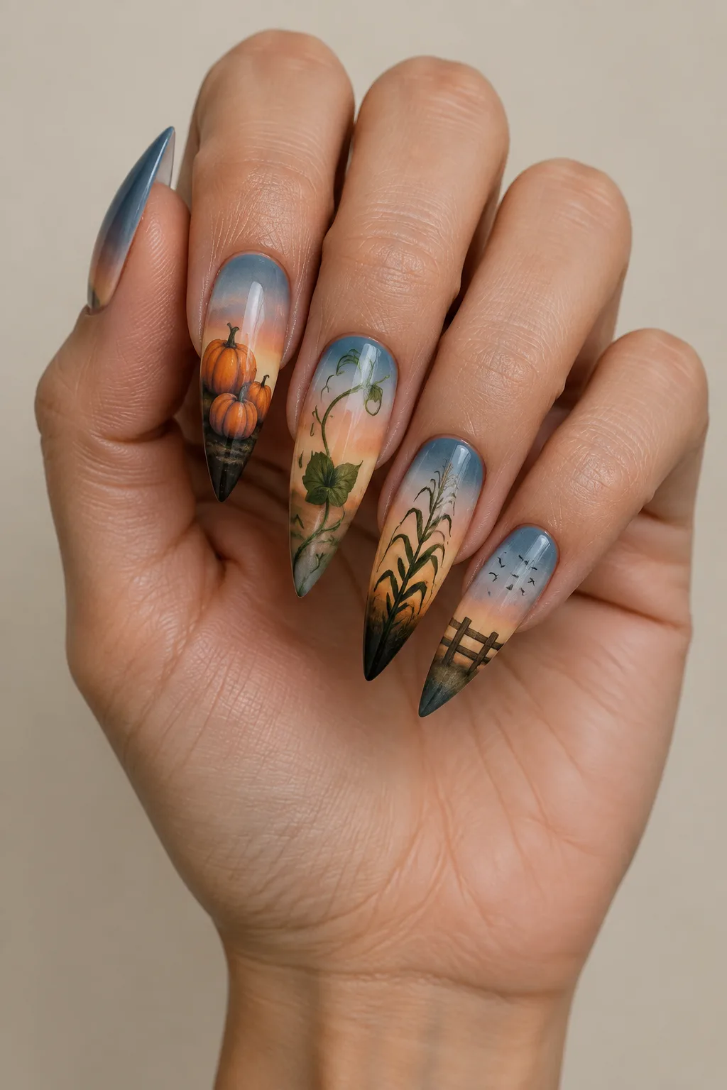 Long stiletto nails hand painted with a detailed pumpkin patch scene